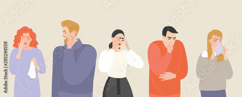 Fotografía Set of vector illustrations of people suffering from various symptoms of the common cold and flu