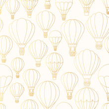 Seamless Pattern With Golden Hot Air Balloons In Outline. Wallpaper With Gold Airships For Boys And Girls. Vector Concept Background For Children Poster Or Card. Cute Baby Print. 