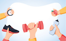 Sport Exercise Web Banner. Time To Fitness And Workout Concept. Idea Of Active And Healthy Lifestyle. Training Equipment