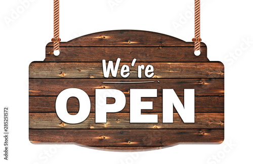 Fotomural Text of we're open in Rope wooden hanging sign