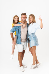 Sticker - Full length photo of cheery caucasian family woman and man with little girl smiling and showing thumb up