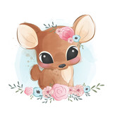 Fototapeta Dziecięca - Cute Deer in Flower Wreath