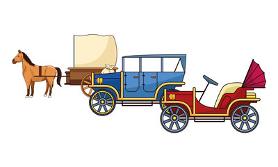 Poster - Classic cars and horse carriages vehicles