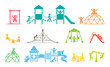 Children play on playground. Kid playground equipment icons. Childhood pictogram icon set.