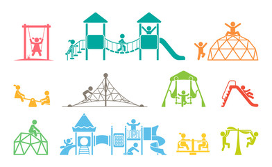 children play on playground. kid playground equipment icons. childhood pictogram icon set.