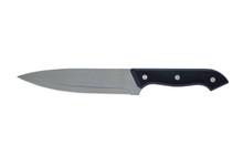 Stainless Steel Kitchen Knife, Cutting Sharp With Plastic Black Handle Isolated On White Background With Clipping Path.