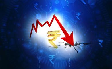 Wall Mural - Indian Rupee crisis concept, Red Indian Rupee Symbol Down to Ground. 3D rendering isolated on stock market background 