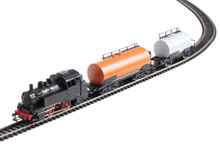 Model Of A Steam Locomotive And Cistern On Rails On A White Background