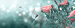 Mysterious spring floral banner with blooming rose flowers and flying butterflies on blurred background and shiny glowing bokeh