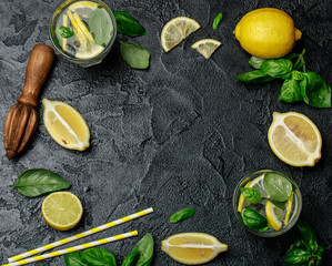 Wall Mural - Summer basil lemonade on grey background. Fresh summer cocktail with basil, lemon and ice cubes. Homemade fresh lemonade with lemon and basil. Food and drink concept