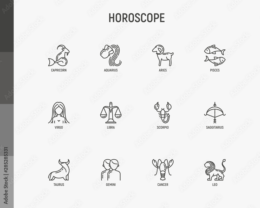 Horoscope thin line icons set. Zodiac signs: capricorn, aquarius, aries, pisces, virgo, libra, scorpio, sagittarius, taurus, gemini, leo. Modern vector illustration. - obrazy, fototapety, plakaty 