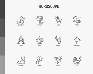 horoscope thin line icons set. zodiac signs: capricorn, aquarius, aries, pisces, virgo, libra, scorp
