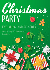 Wall Mural - Christmas party poster template with christmas element on green background. Papercut style. Vector illustration