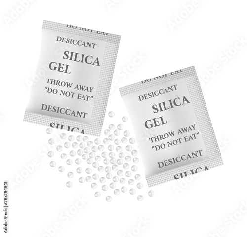 Vector Realistic Illustration Of Silica Gel Two Small White Packages With Spilled Pile Of Balls Amorphous And Porous Silicon Dioxide For The Adsorption Desiccant Hygroscopy Substance Isolated Buy This Stock Vector