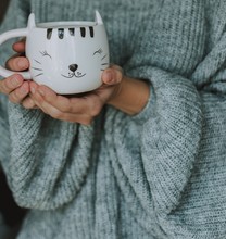 Shot Of A Female Wearing Blue Sweater Holding A Cute White Mug With The Face Of A Happy Kitten