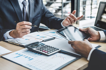Poster - Finance manager meeting discussing company growth project success financial statistics, professional investor working start up project for strategy plan with document, laptop and digital tablet