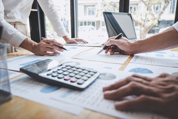 Poster - Business casual team manager having a discussion with new project success financial statistics, Partner meeting professional investor working start up project for both company with document
