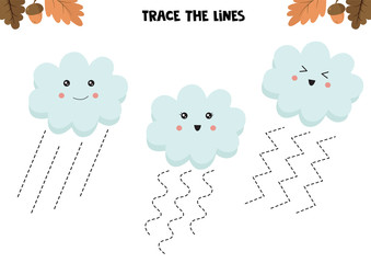 Educational game for kids. Preschool worksheet. Trace the lines. Cute clouds. Handwriting practice.