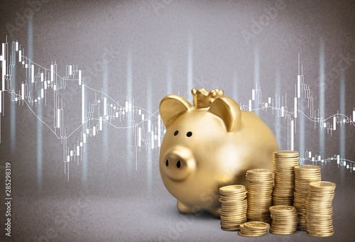 Fotomural Piggy bank and coins on gray background