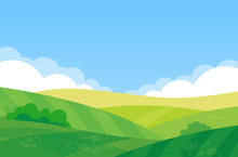 Beautiful Landscape Of Farm Field, Vector Illustration Of A Rural Summer Meadow On A Sunny Day In Flat Cartoon Style.
