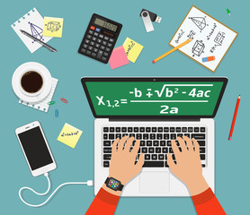 African American college student solves math formula on laptop screen. Flat design vector illustration concept.
