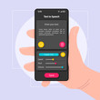 © IMG visuals icons - Text to speech converter smartphone interface vector template. Mobile app page color design layout. Spoken phrase generator screen. Flat UI for application. Hand holding phone with audio on display