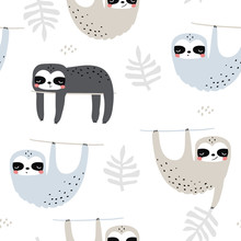 Seamless Childish Pattern With Funny Sloths. Creative Kids Texture For Fabric, Wrapping, Textile, Wallpaper, Apparel. Vector Illustration