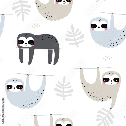 Fotomural Seamless childish pattern with funny sloths
