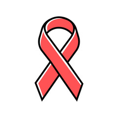 Sticker - Awareness ribbon color icon. Public awareness to disability, medical conditions and health. Support fight against problem. Short piece red ribbon folded in loop. Isolated vector illustration