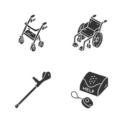 Sticker - Disabled devices glyph icons set. Rollator, manual wheelchair, forearm crutch, personal emergency response system. Mobility aid, handicapped equipment. Silhouette symbols. Vector isolated illustration