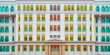 Colorful Rainbow Pastel Building With Facade Windows Background. Architecture Building Design In Former Hill Street Police Station Near Clarke Quay, Singapore City.