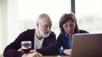 Poster - A portrait of senior couple with wine indoors at home, using laptop.
