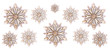 Silver and gold CHRISTMAS ORNAMENTS in Scandinavian style: SHINY RUSTIC METAL STARS - snowflakes WITH ARTISTIC old METAL texture on white background.