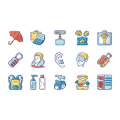 Sticker - Travel accessories color icons set. Luggage, baggage and suitcase, backpack items. Tourism, trip equipment, tourist objects. Journey, vacation accessories. Isolated vector illustrations