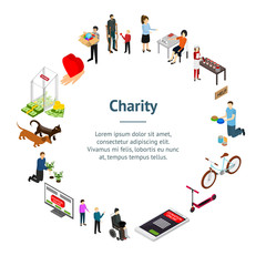 Canvas Print - Charity Donation Funding Concept Banner Card Circle 3d Isometric View. Vector