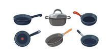 Frying Pan Vector Icons Set. Kitchen Pots And Different Pans Isolated On White Background.