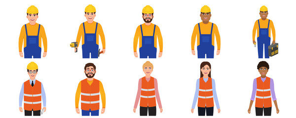 Men and women builders avatars, people dressed in building uniforms icon set, characters in cartoon style, worker holds a drill, hammer and a toolbox vector Illustration on a white background