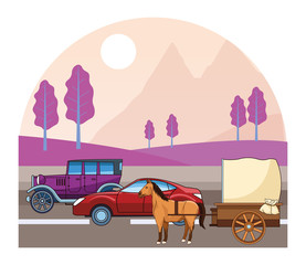 Poster - Classic cars and horse carriages vehicles