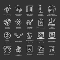 Sticker - Bioengineering chalk icons set. Biotechnology for health and comfort. New methods of diseases diagnosis and treatment, genetic engineering, ai. Isolated vector chalkboard illustrations