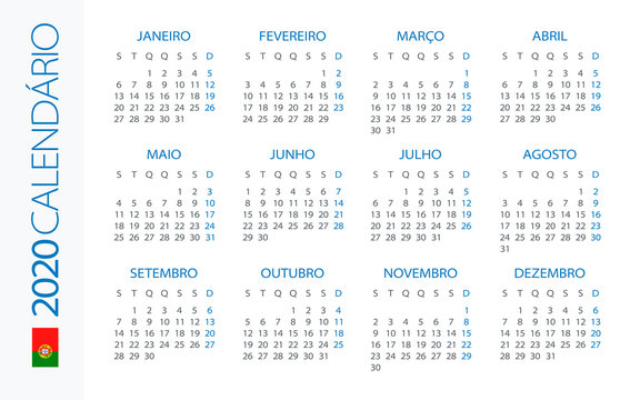 Calendar 2020 Horizontal - illustration. Portuguese version