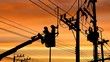 Silhouette two electricians with disconnect stick tool on crane truck are working to install electrical transmission on power pole with blurred sunrise sky background, illustration mode