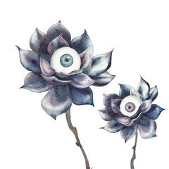 Flowers with eyes. Scary fantasy plants. Watercolor Halloween illustration isolated on white background