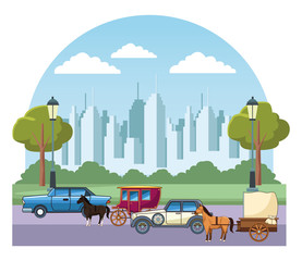 Wall Mural - Classic cars and horse carriages vehicles