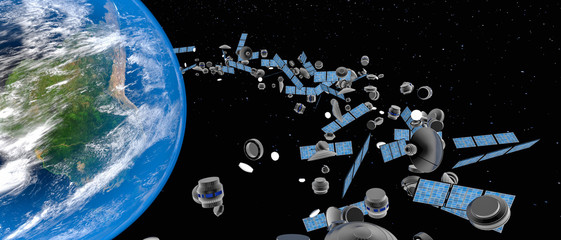 Wall Mural - a lot of satellites scrap in orbit (3d rendering,this image elements furnished by nasa)