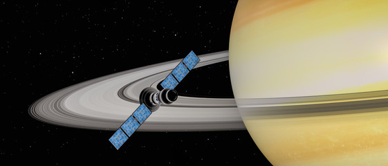 Wall Mural - a satellite scans the saturn (3d rendering,this image elements furnished by nasa)