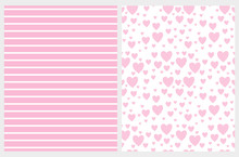  Lovely Hearts And Stripes Vector Pattern Set. White Horizontal Stripes On A Pink Background. Light Pink Hearts Isolated On A Pink Layout. Cute Simple Geometric Design.