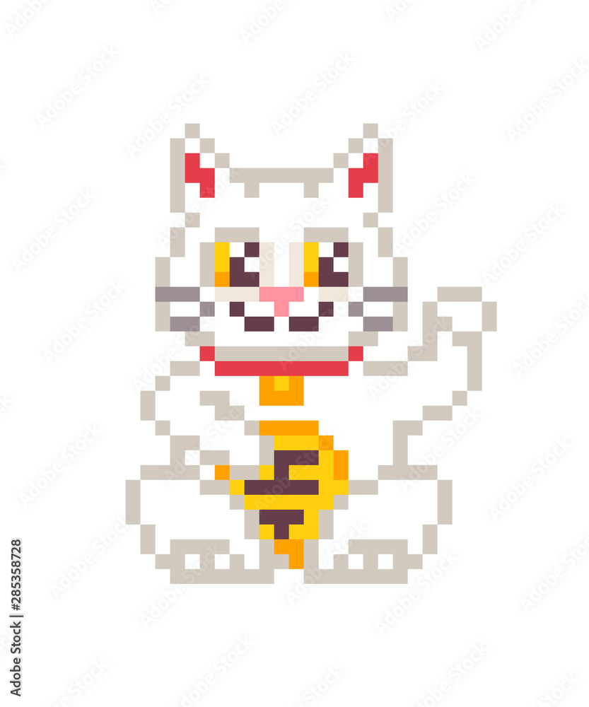 White Maneki neko cat waving and holding a coin, pixel art character isolated on white background. 8 bit japanese lucky charm. Asian talisman.Old school vintage retro slot machine/video game graphics.