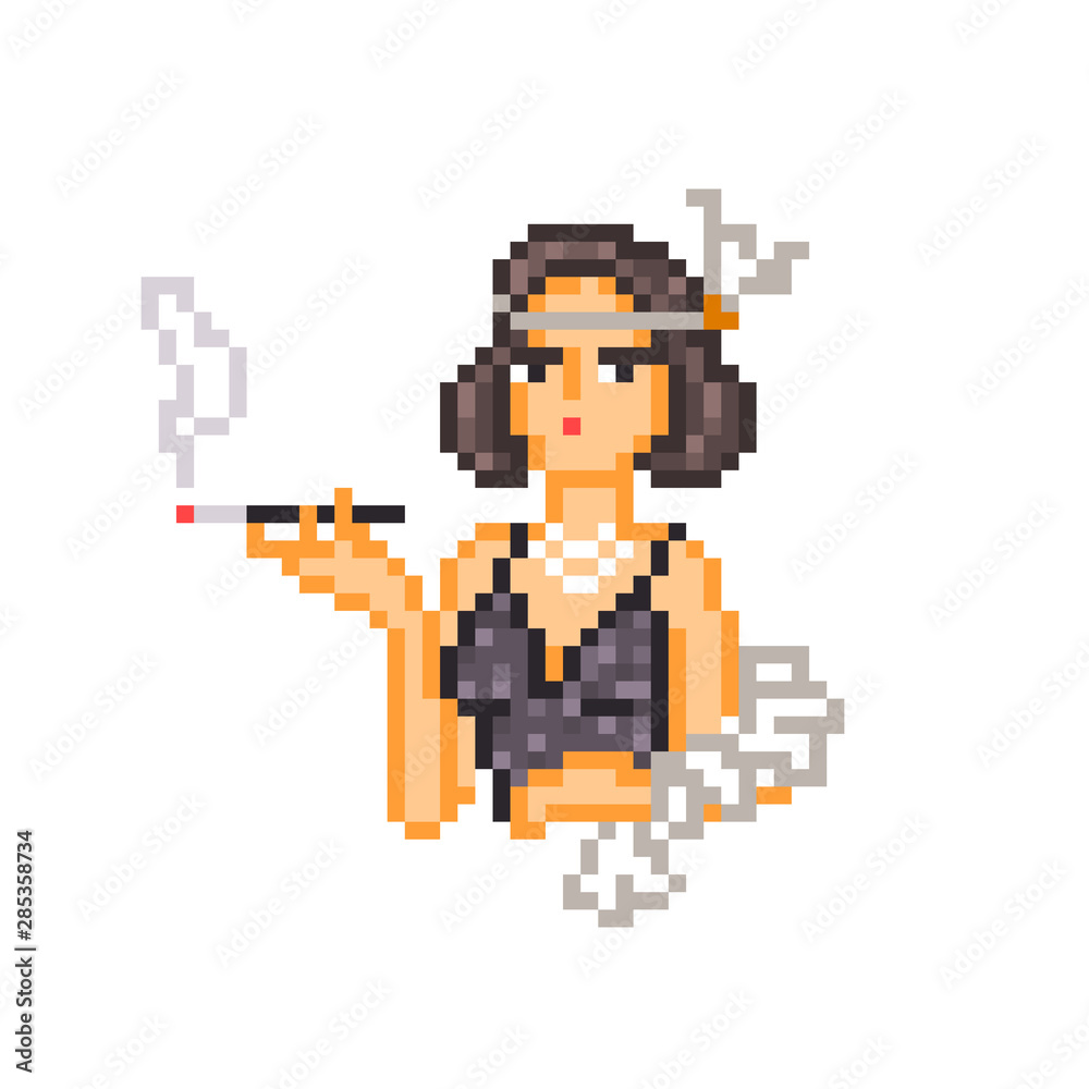 Vector de Stock Roaring 20s silent cinema diva,8 bit pixel art character  isolated on white.Flapper woman in a black vintage sparkling dress, boa,  feather headband smoking cigarette in a mouthpiece.Retro film actress. |