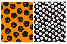 Hand Drawn Abstract Brush Irregular Dots Vector Pattern Set. Blak Brush Dots Isolated On An Orange Background. White Spots On A Black. Vivid Color Geometric Design. Simple Dotted Layout.