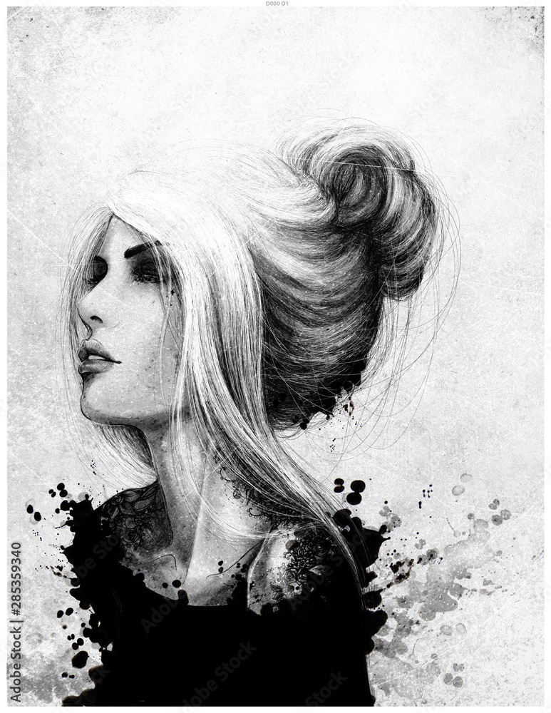 Czarno biały rysunkowy portret kobiety patrzącej przed siebie. Włosy upięte w kok, tatuaż na szyji. Rozpryski farby, malarstwo. - obrazy, fototapety, plakaty 